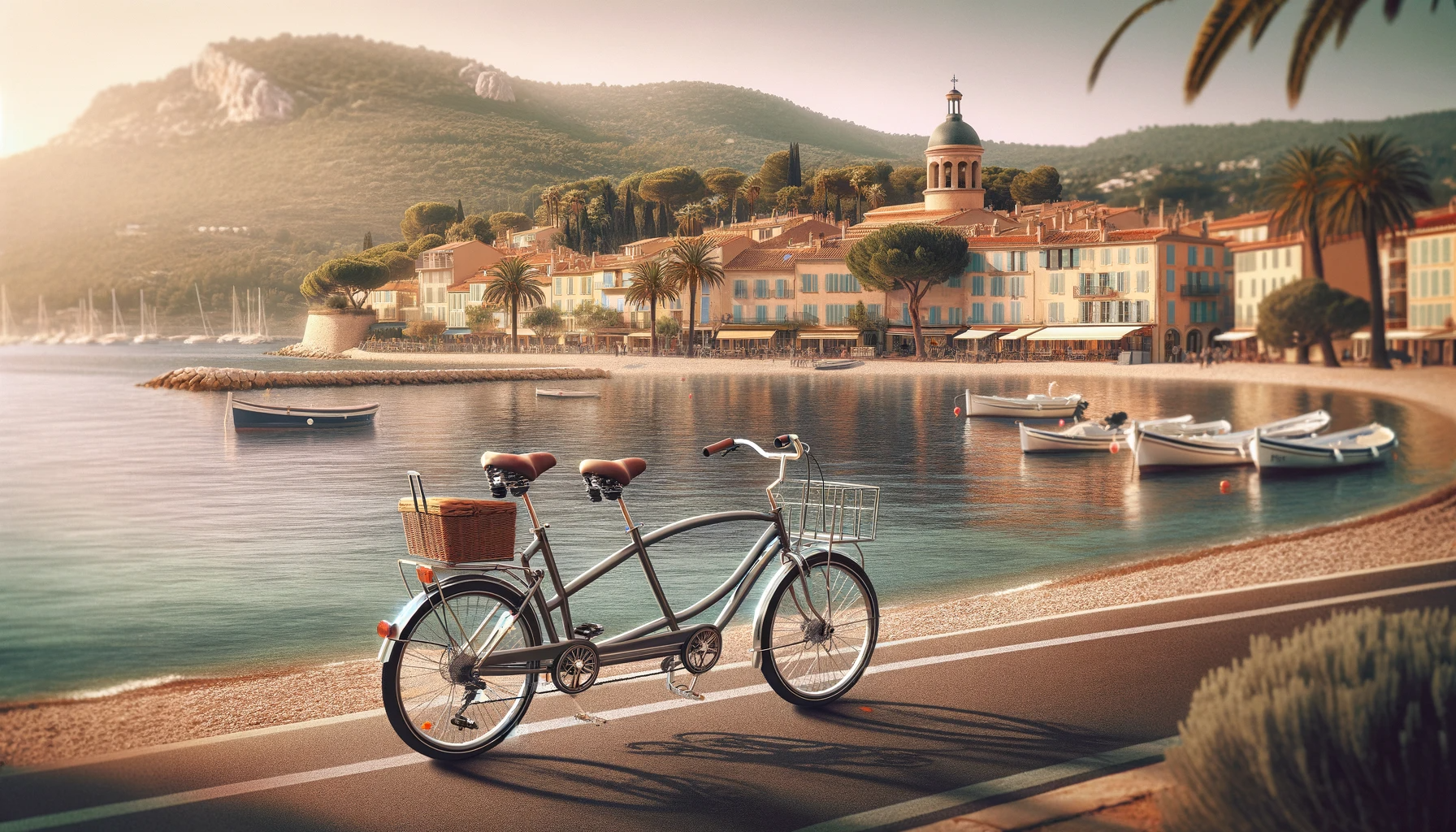 DALL·E 2024-01-11 15.42.26 - A realistic, photo-like image of a tandem bicycle for two people in Hyères-les-Palmiers, France. The image should resemble a high-quality photograph, _0.png