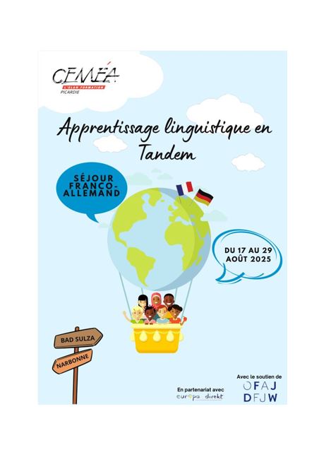 Plusieurs enfants de cultures et langues différentes se tiennent dans la nacelle d'une montgolfière, dont la sphère représente la terre. En bas à gauche 2 panneaux indiquent d&quot;un côté Bad Sulza, de l'autre Narbonne