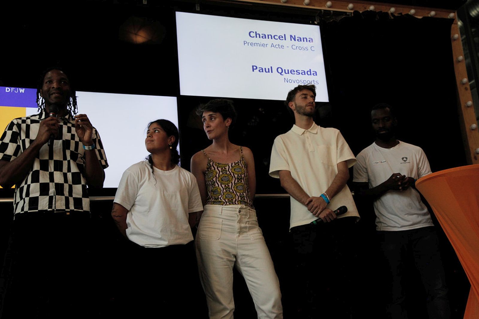 Chancel Nana, président de Premier Acte Cross C, Tahisha Rüther de la Team Combo Karlsruhe, Morgane Masterman, Chargée de développement interculturel et international chez Peuple et Culture, Paul Quesada, Chef de projet chez Novosports et Clinton Kieta-Sisidi, participant à l’échange Paralympisch Fit!