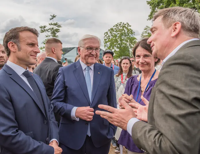 Macron et Steinmeier avec Anne Tallineau et Tobias Bütow