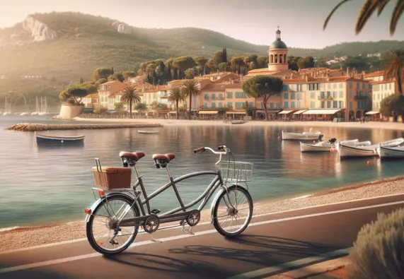 DALL·E 2024-01-11 15.42.26 - A realistic, photo-like image of a tandem bicycle for two people in Hyères-les-Palmiers, France. The image should resemble a high-quality photograph, _0.png