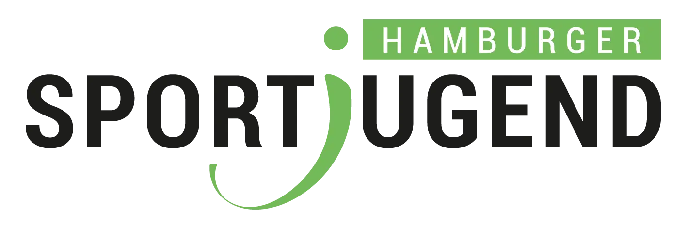 Textlogo der Hamburger Sportjugend in schwarzem und grünem Text, das &quot;J&quot; ist als schwungvoll gezeichneter Strichmensch in grün stilisiert
