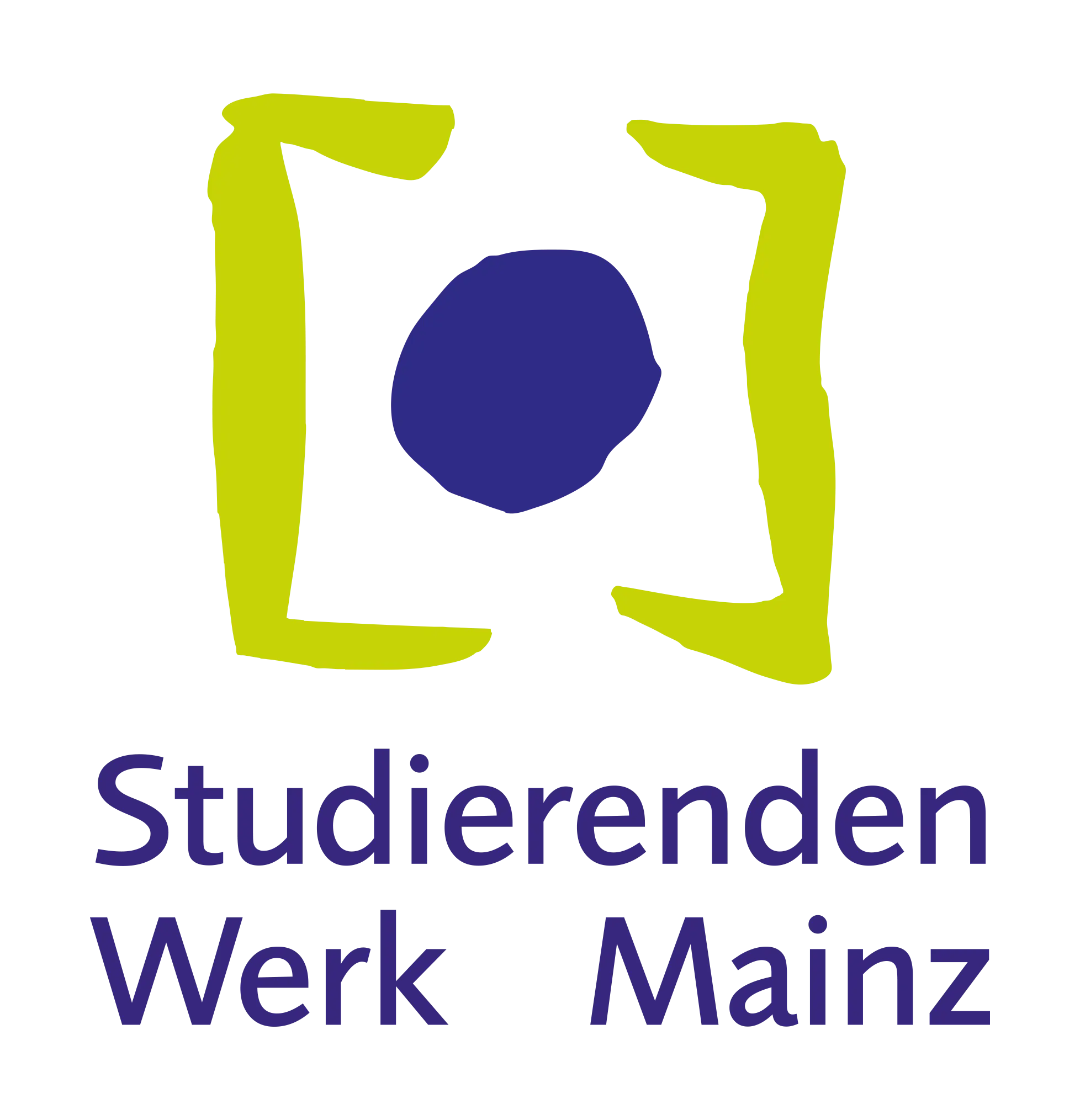 Logo des Studiwerk Mainz, zwei grüne Klammern machen einen offenen Rahmen um einen blauen Punkt