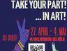 Einladungsflyer trinationale Jugendbegegnung &quot;Take your part!... in art!&quot; Seite 1: Bild zeigt einen Einladungsflyer. Darauf steht: „Internationale Jugendbegegnung: Take your part! ... in art!&quot;  Das Seminar findet vom 27. April bis 4. Mai 2025 in Walberberg bei Köln statt.  Die Kosten betragen 70€ für Programm, Übernachtung und Verpflegung.  Informationen zur Barrierefreiheit und Anmeldung unter diesem Link https://t1p.de/a8i0t oder per Mail: bdkj-bja-politischebildung@bistum-mainz.de.   Einladungsflyer Seit
