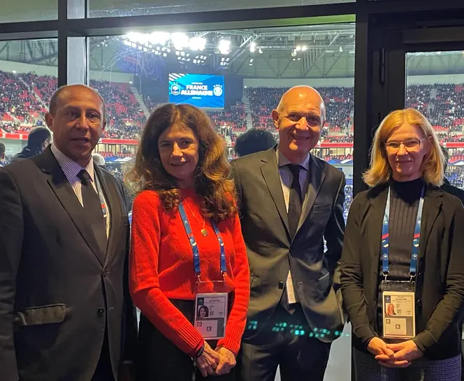 Philippe Diallo, président de la FFF, Anne Tallineau, secrétaire générale de l’OFAJ, Bernd Neuendorf, président de la DFB et Regine Dittmar, cheffe de bureau à l’OFAJ