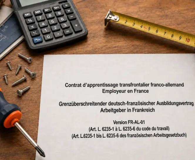 Un contrat d'apprentissage transfrontalier sur une table entouré d'outils